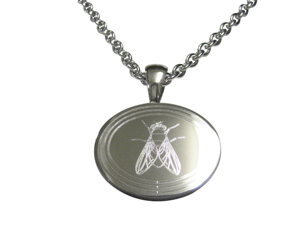 Silver Toned Etched Oval Detailed Fly Bug Insect Pendant Necklace