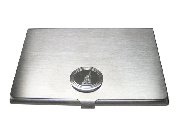 Silver Toned Etched Oval Detailed Oil Drill Business Card Holder