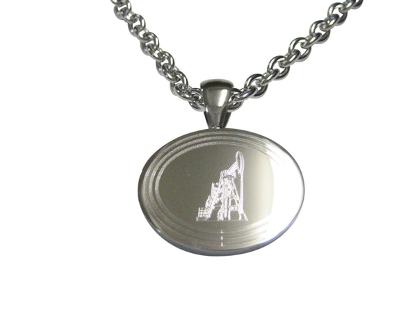 Silver Toned Etched Oval Detailed Oil Drill Pendant Necklace