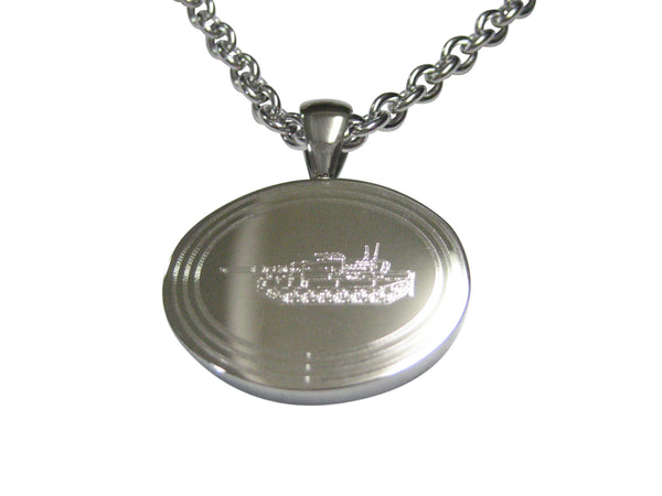 Silver Toned Etched Oval Detailed Tank Pendant Necklace