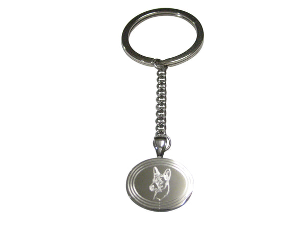Silver Toned Etched Oval Dog Head Pendant Keychain