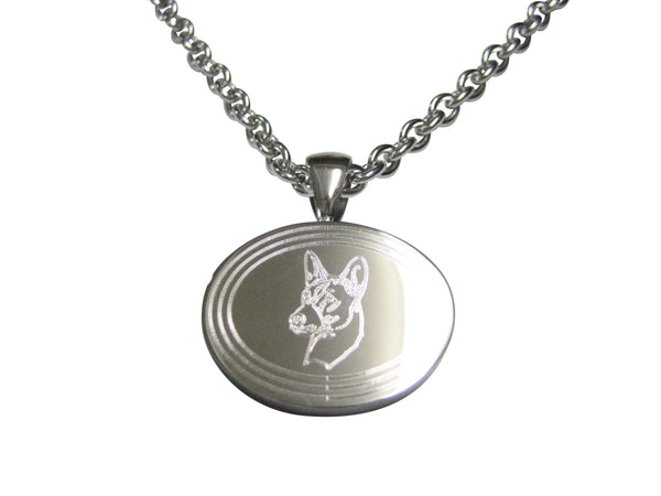 Silver Toned Etched Oval Dog Head Pendant Necklace