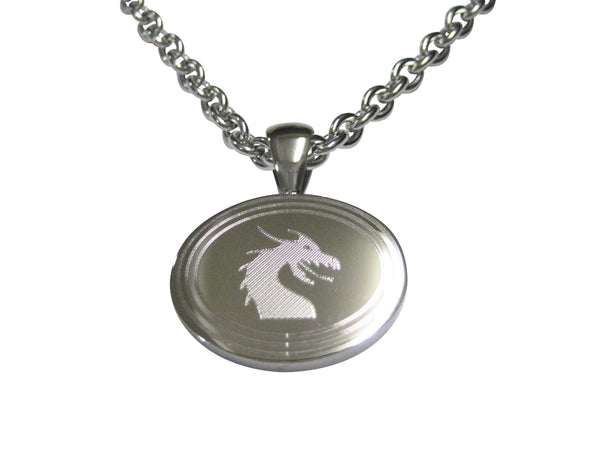 Silver Toned Etched Oval Dragon Head Pendant Necklace