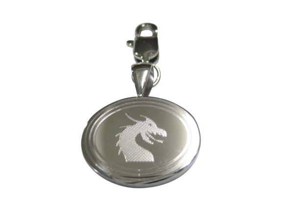 Silver Toned Etched Oval Dragon Head Pendant Zipper Pull Charm