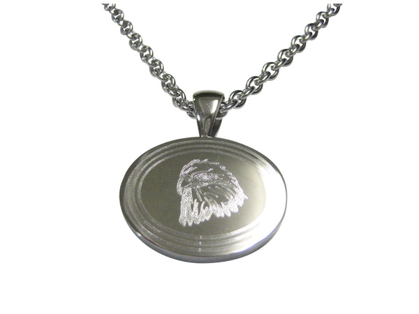 Silver Toned Etched Oval Eagle Bird Head Pendant Necklace