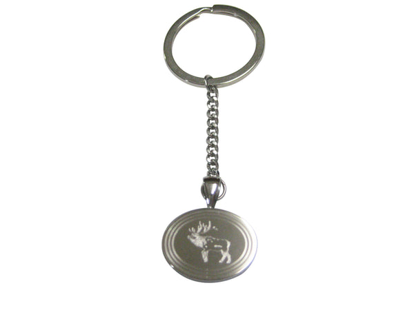 Silver Toned Etched Oval Elk Pendant Keychain