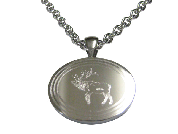 Silver Toned Etched Oval Elk Pendant Necklace