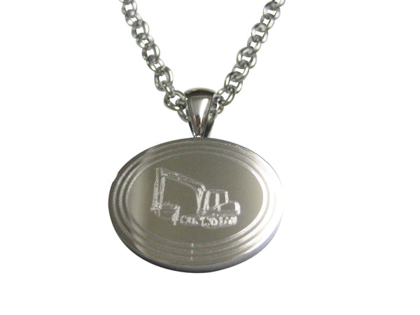 Silver Toned Etched Oval Excavator Pendant Necklace
