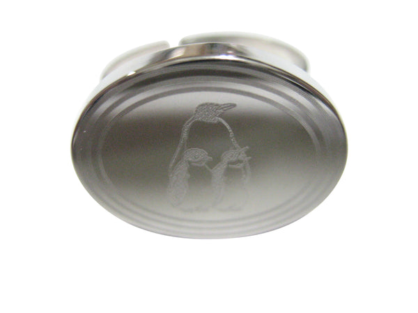 Silver Toned Etched Oval Family of Penguin Birds Adjustable Size Fashion Ring