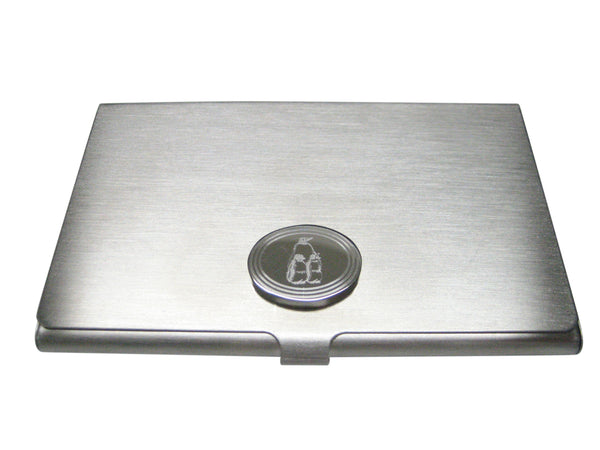 Silver Toned Etched Oval Family of Penguin Birds Business Card Holder