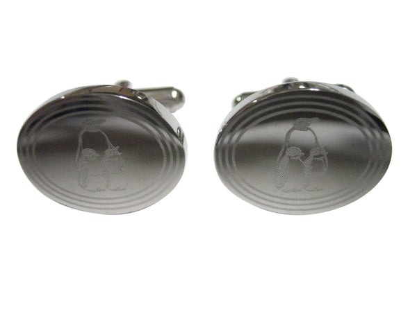 Silver Toned Etched Oval Family of Penguin Birds Cufflinks