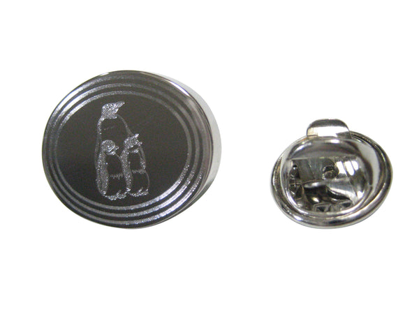 Silver Toned Etched Oval Family of Penguin Birds Lapel Pin