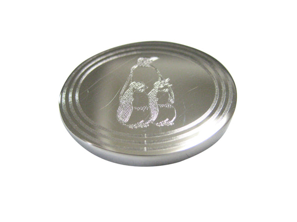 Silver Toned Etched Oval Family of Penguin Birds Magnet