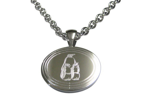 Silver Toned Etched Oval Family of Penguin Birds Pendant Necklace