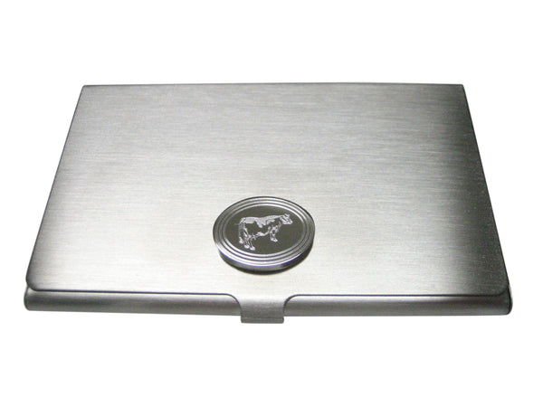 Silver Toned Etched Oval Farm Cow Business Card Holder