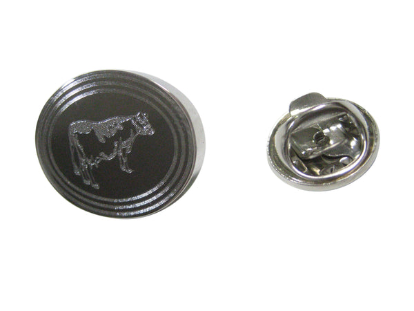 Silver Toned Etched Oval Farm Cow Lapel Pin