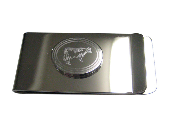 Silver Toned Etched Oval Farm Cow Money Clip