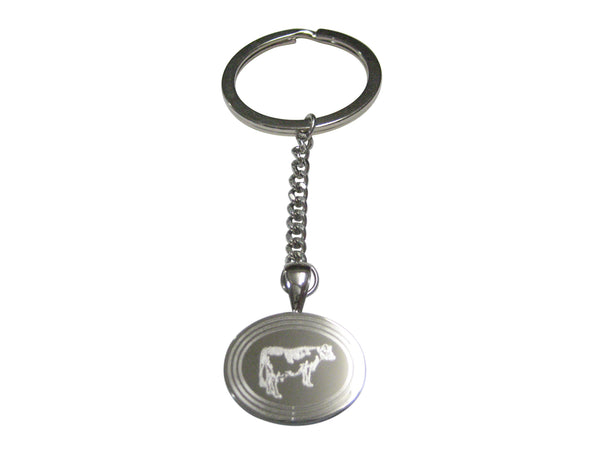 Silver Toned Etched Oval Farm Cow Pendant Keychain