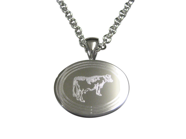 Silver Toned Etched Oval Farm Cow Pendant Necklace