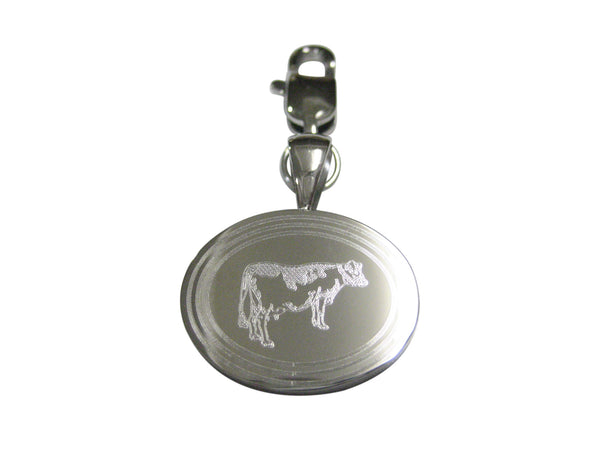 Silver Toned Etched Oval Farm Cow Pendant Zipper Pull Charm