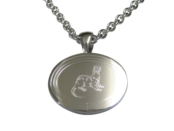 Silver Toned Etched Oval Ferret Pendant Necklace