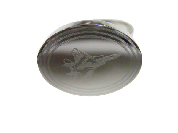 Silver Toned Etched Oval Fighter Jet Plane Adjustable Size Fashion Ring