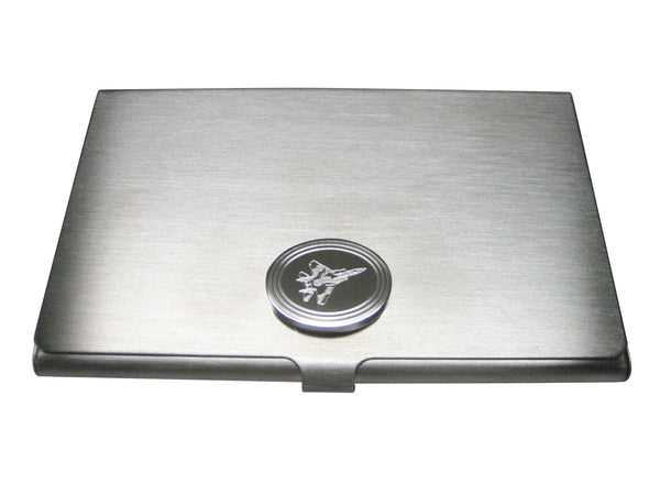 Silver Toned Etched Oval Fighter Jet Plane Business Card Holder