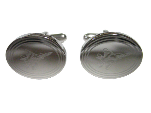 Silver Toned Etched Oval Fighter Jet Plane Cufflinks