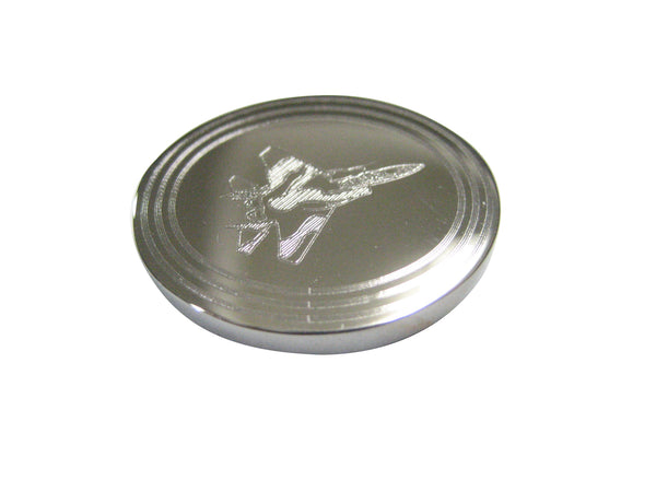 Silver Toned Etched Oval Fighter Jet Plane Magnet