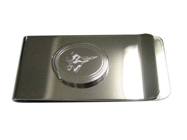 Silver Toned Etched Oval Fighter Jet Plane Money Clip
