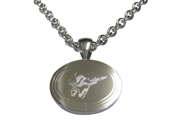 Silver Toned Etched Oval Fighter Jet Plane Pendant Necklace