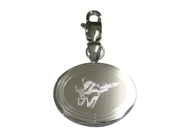 Silver Toned Etched Oval Fighter Jet Plane Pendant Zipper Pull Charm