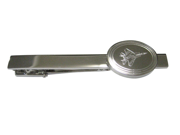 Silver Toned Etched Oval Fighter Jet Plane Tie Clip