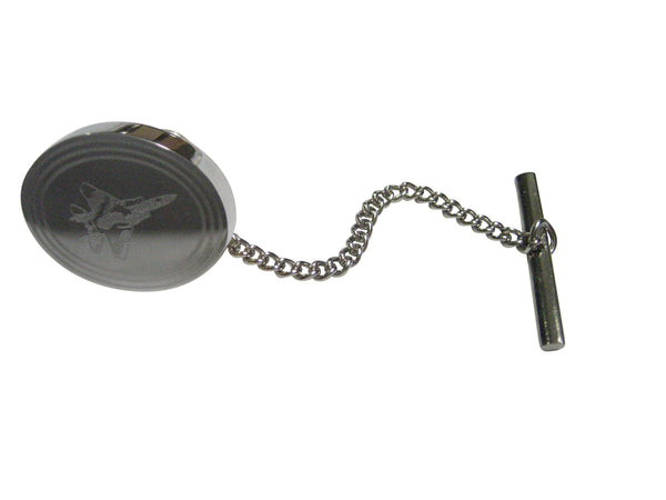 Silver Toned Etched Oval Fighter Jet Plane Tie Tack