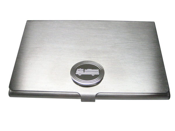 Silver Toned Etched Oval Fire Truck Business Card Holder