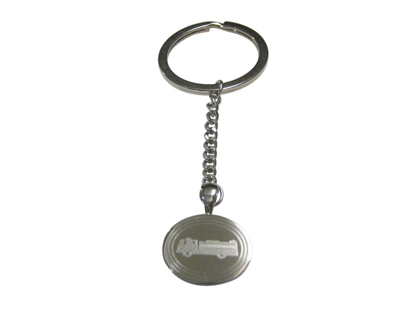 Silver Toned Etched Oval Fire Truck Pendant Keychain