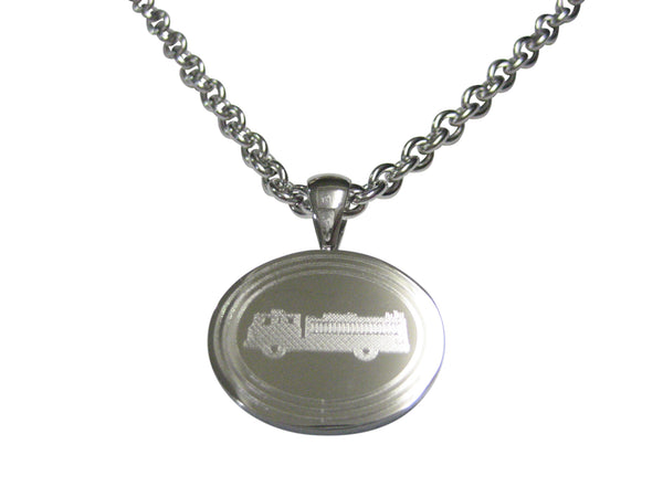 Silver Toned Etched Oval Fire Truck Pendant Necklace