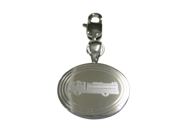 Silver Toned Etched Oval Fire Truck Pendant Zipper Pull Charm