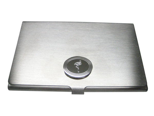 Silver Toned Etched Oval Flamingo Bird Business Card Holder
