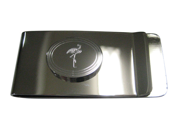 Silver Toned Etched Oval Flamingo Bird Money Clip