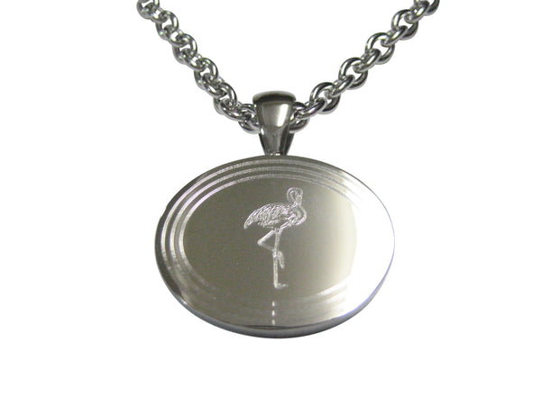 Silver Toned Etched Oval Flamingo Bird Pendant Necklace