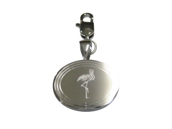 Silver Toned Etched Oval Flamingo Bird Pendant Zipper Pull Charm
