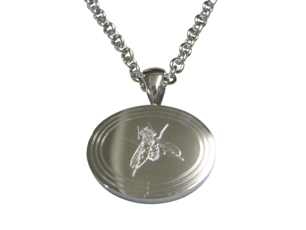 Silver Toned Etched Oval Fly Bug Insect Pendant Necklace