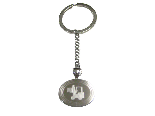 Silver Toned Etched Oval Forklift Pendant Keychain