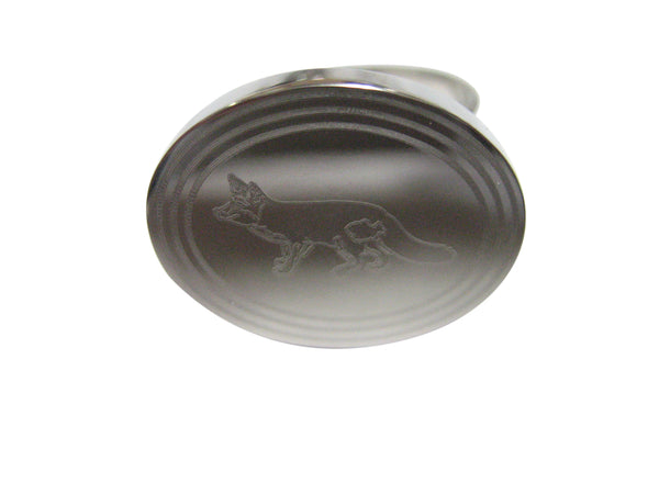 Silver Toned Etched Oval Fox Adjustable Size Fashion Ring