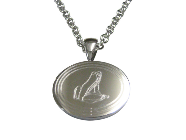 Silver Toned Etched Oval Frog Pendant Necklace