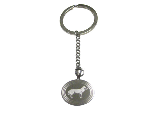 Silver Toned Etched Oval Full Dog Pendant Keychain