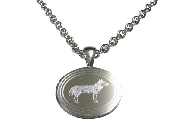 Silver Toned Etched Oval Full Dog Pendant Necklace