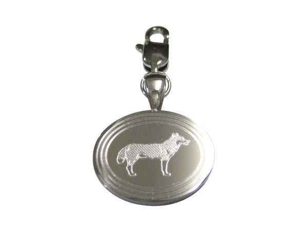 Silver Toned Etched Oval Full Dog Pendant Zipper Pull Charm
