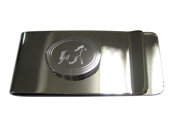 Silver Toned Etched Oval Full Horse Money Clip